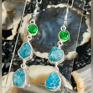 Hammered Metal, Raw Blue Apatite Crystal Earrings 2 1/4”